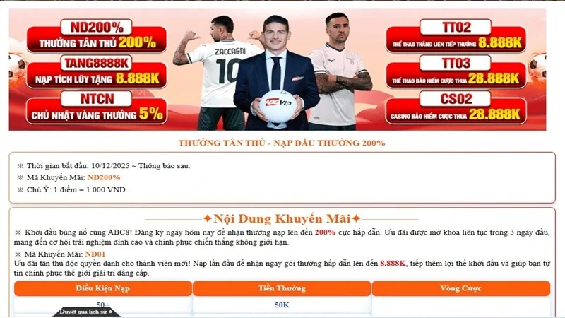 Banner khuyến mãi ABC8 hiển thị các mã ND200%, TANG8888K, NTCN, TT02, TT03 và CS02